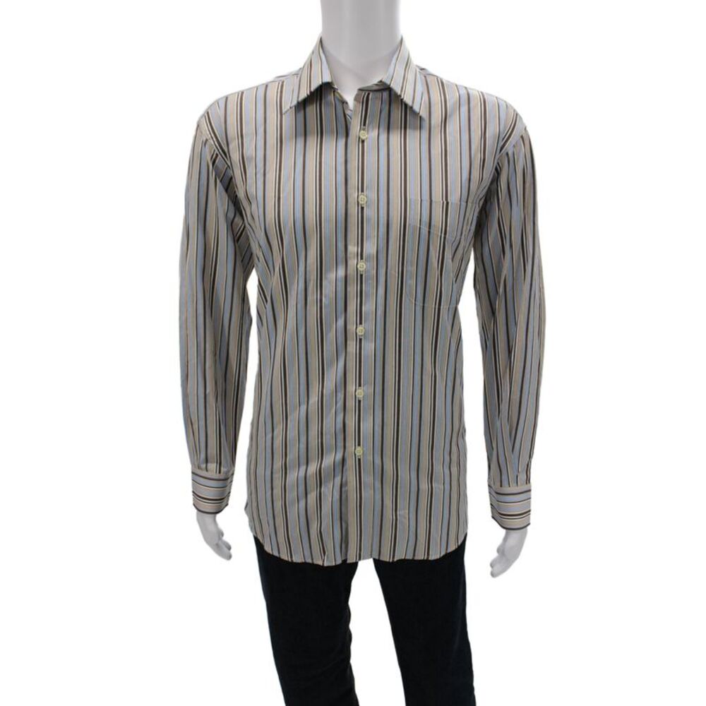 Ike Behar Mens Classic Striped 100% Cotton Collared Dress Shirt Beige Size 16
